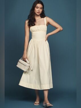 Anthropologie Drop-Waist Ruched Midi Dress Yellow